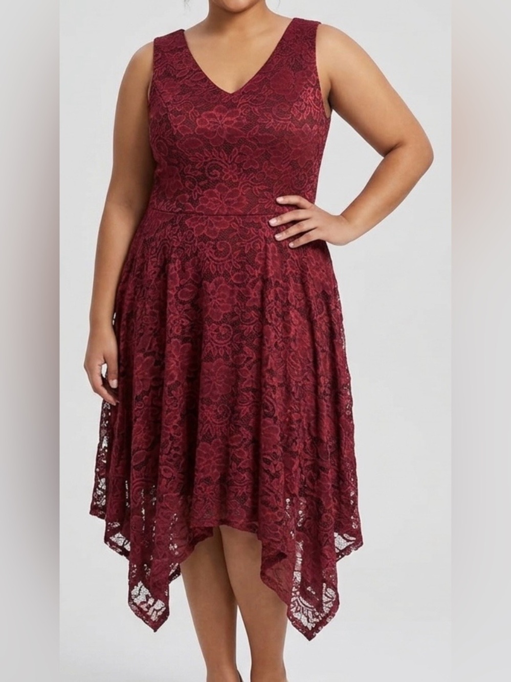 Women's V-Neck Lace Handkerchief Hem Dress - Wine